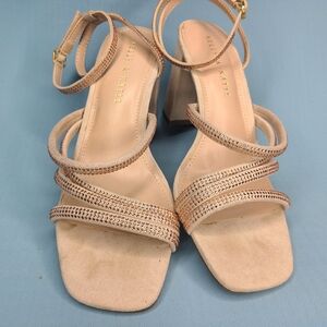 Wedding Prom Rhinestone Block Heel Sandals Nude Strappy Heels Size 8